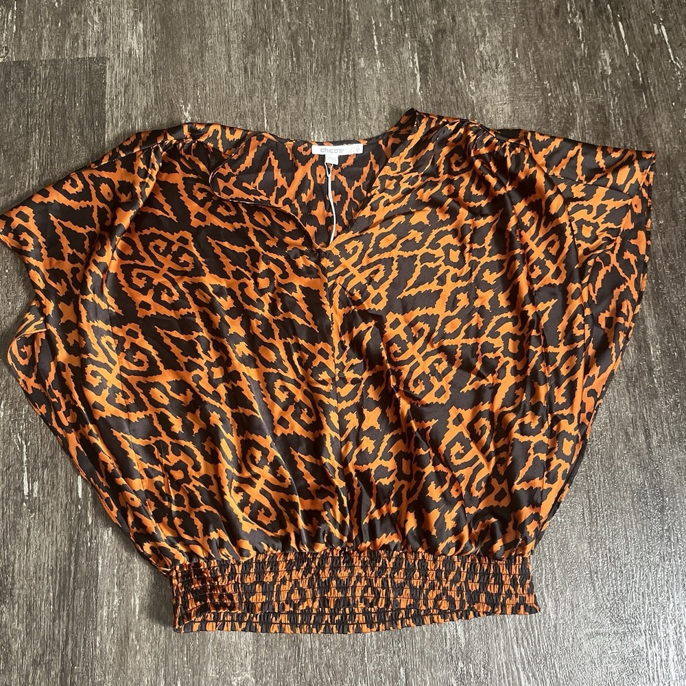Chico's Rust and Black Satin Ikat Top Size 1 / US 8 NWT‎